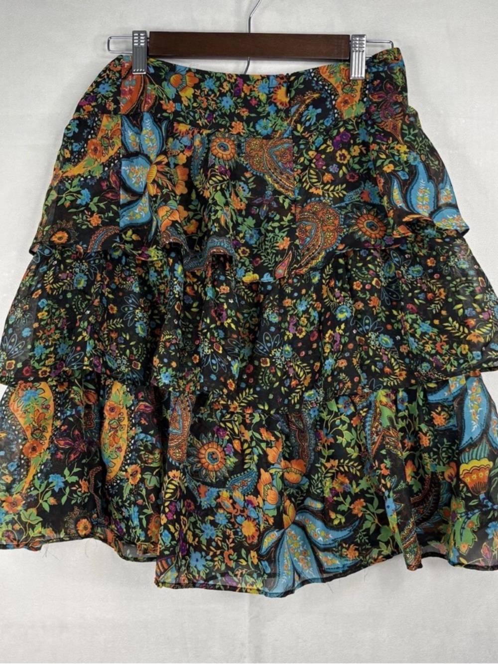 Chelsea & Theodore Black Floral Paisley Tiered Skirt with Blue & Orange Accents